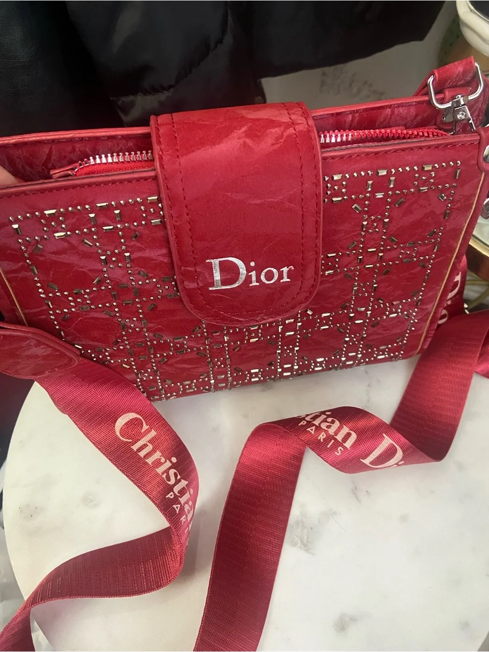 Luxe’ Red Quilted Crossbody with Studded Logo Pattern
